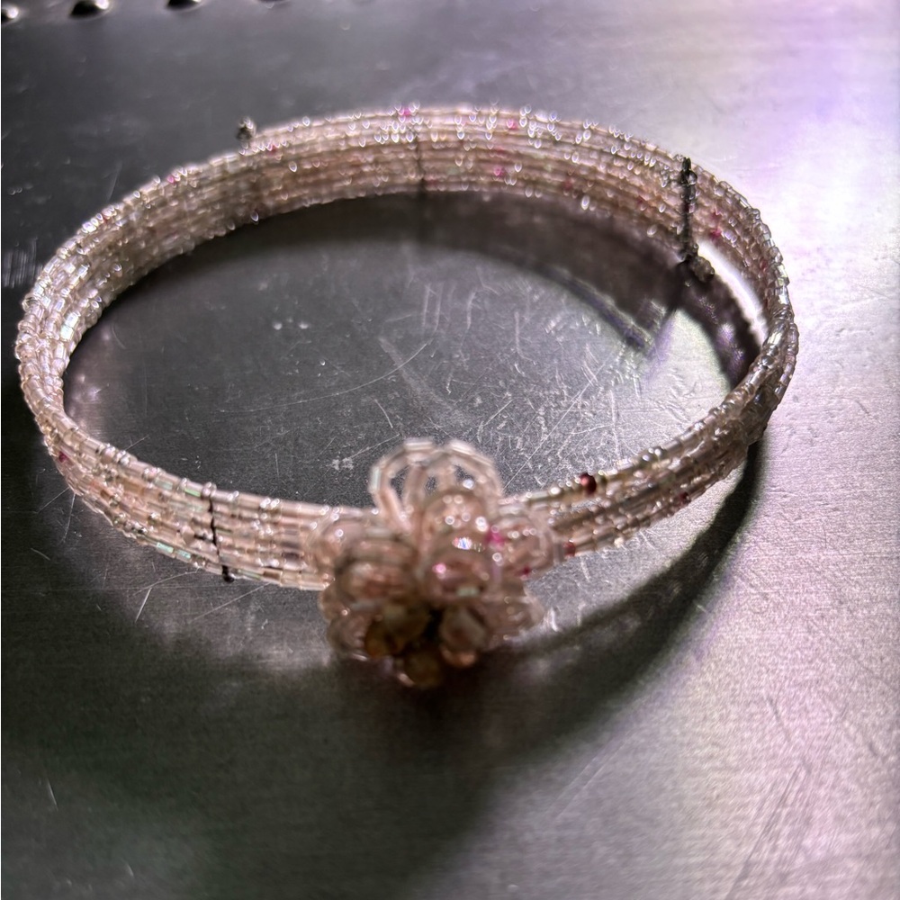Beaded Memory Wire Choker Style Necklace with Floral Accent
